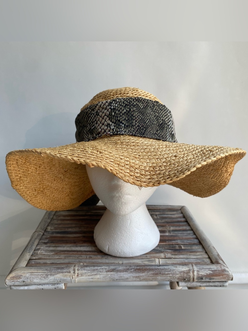 Scala Collection floppy woven straw sun hat snake print scarf summer vacation